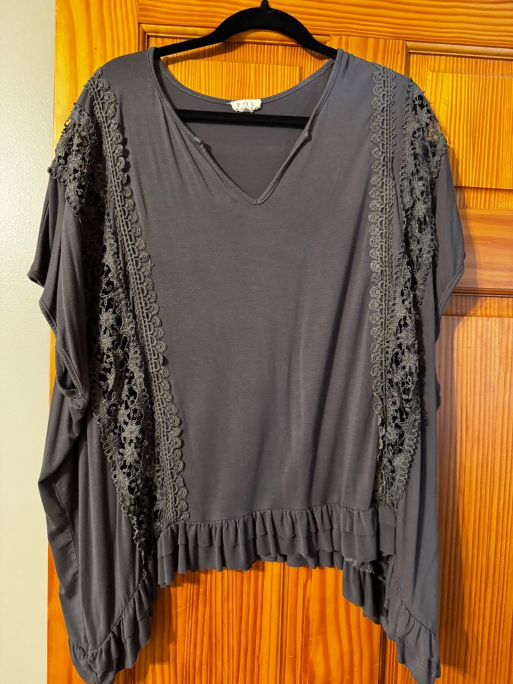 POL Women's Charcoal V-Neck Crochet Trim Tunic